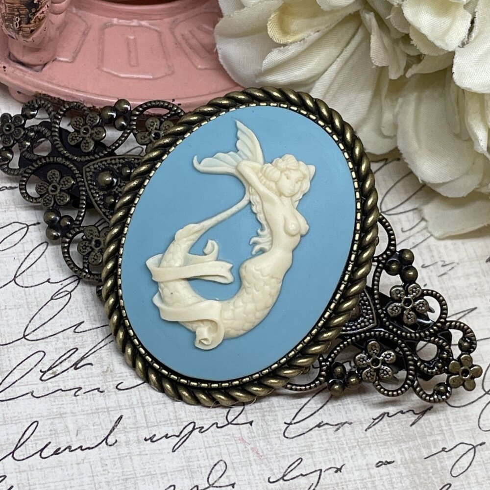 Beach Mermaid Christmas Gift Mom Wife Bride Cameo Pin Hair Clip Jewelry Sea Life